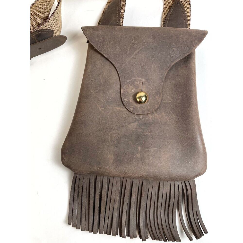 Festival Leather Satchel Crossbody Purse Hand Tooled Thick Fringe Woven Strap - Picture 2 of 6